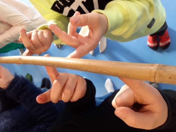 4 Kinderhände, die mit einem Finger ein dünnes Bambusrohr hochheben und versuchen es oben zu halten.