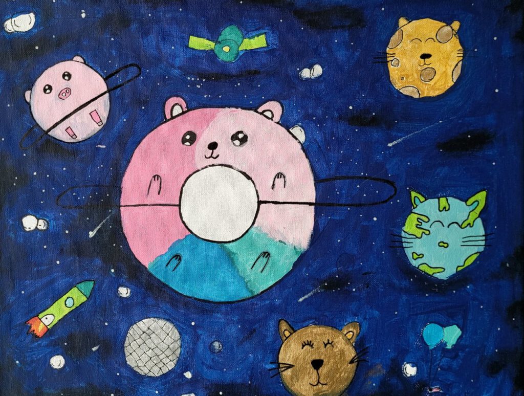 Ein farbenfrohes Gemälde von ballonähnlichen Tieren, die in einem blauen Sternenhimmel schweben, mit Sternschnuppen, einer Rakete und einem Satelliten